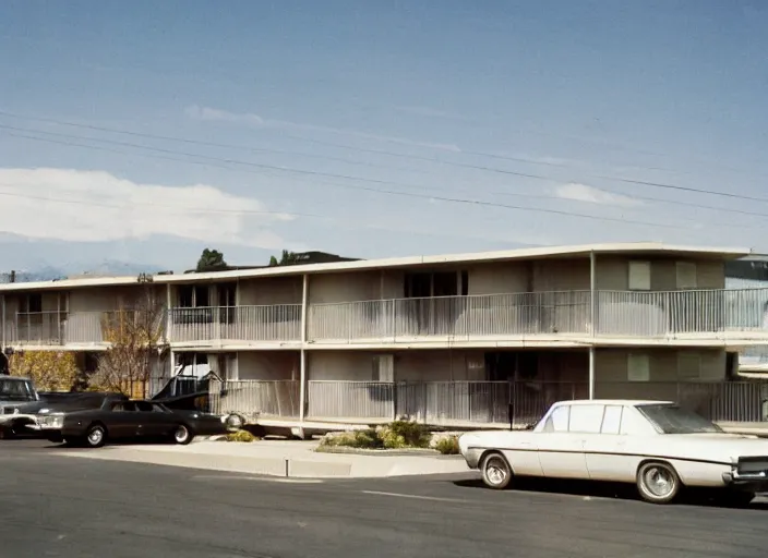 Image similar to a midcentury modern motel in salt lake city utah in the year 1 9 6 7