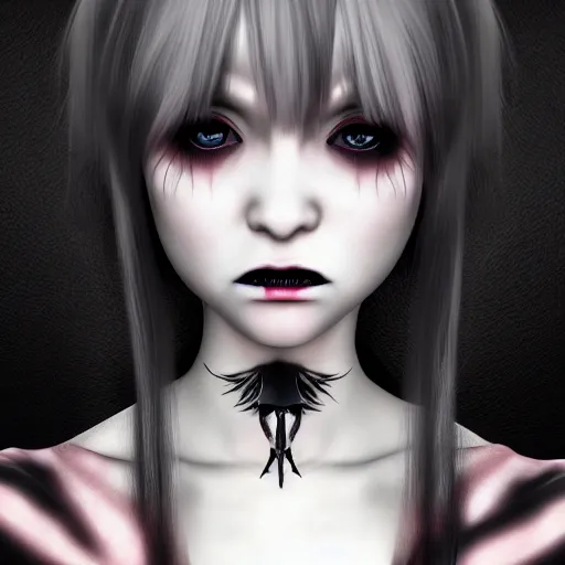 Image similar to photorealistic full shot portrait of kawaii angry darkness vampire anime girl, gothic clothing, worrying eyes, inspired by Tim Burton, detailed, unreal engine 4k volumetric light, fog,