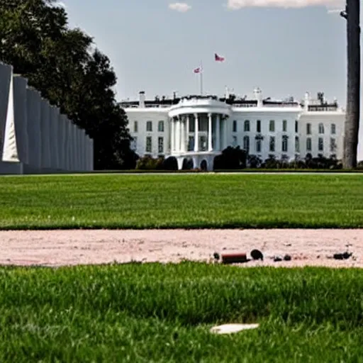 Image similar to cnn screen, the white house grounds completely full of gopher holes, the white house in the background, cinematic angle