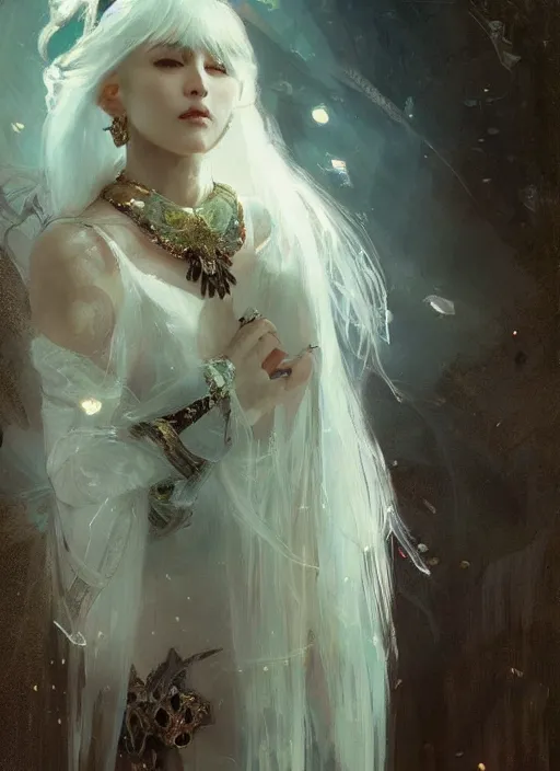 Image similar to a beatiful white haired princess, adorned with precious stone jewelry, intricate concept art, ethereal, ominous, dramatic lighting, Ruan Jia and Jeremy Mann and Alphonse Mucha