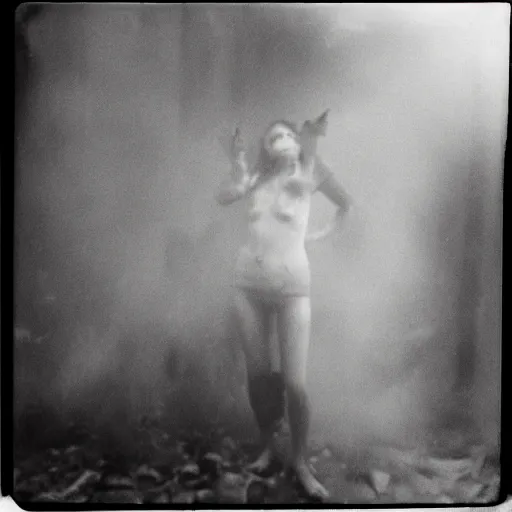 Image similar to an ancient demon-girl devouring a soul on an abandoned mad house, Colombian jungle, mist, 1910 polaroid photography, grainy film, resident evil, Black and white