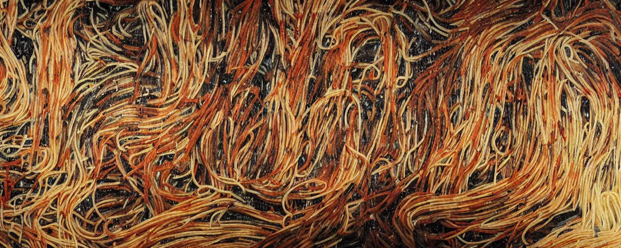 Image similar to wide shot spaghetti paintings on a cave wall, archaic, fine detail,