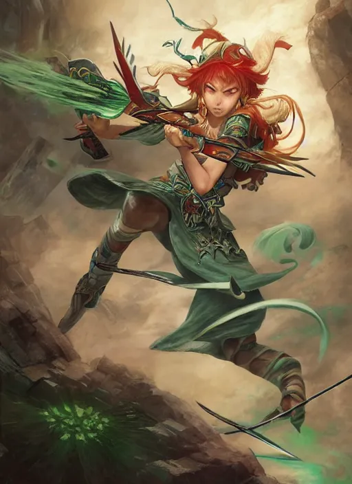 Prompt: elf archer unleashing ultimate attack by adrian smith and marc simonetti and vladimir volegov and alexander averin and delphin enjolras