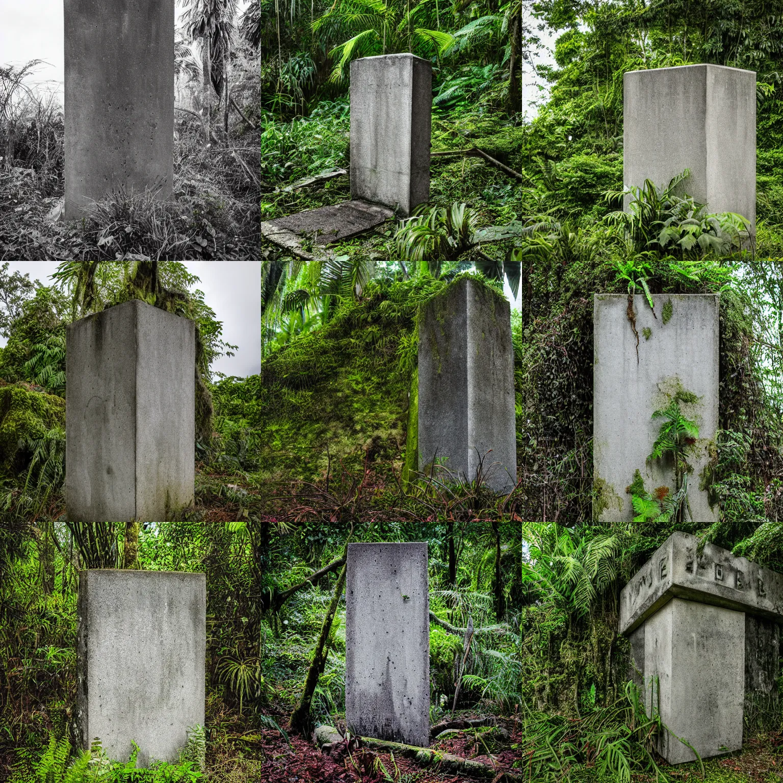 Prompt: Realistic abandoned concrete monument, overgrown rainforest plants and trees, overcast, long shot, Sigma 100mm, low saturation