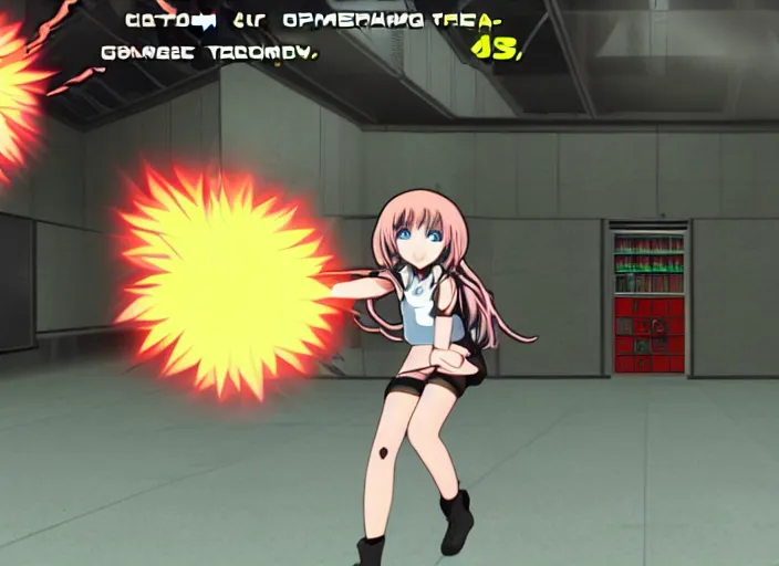 Image similar to an anime girl in a screenshot of the video game doom, the anime girl is running