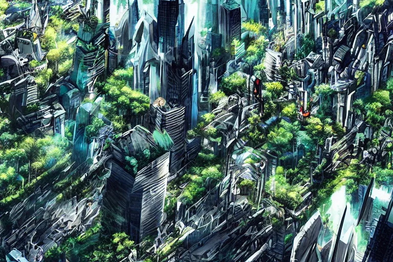 Prompt: birds eye view of a gigantic drift wood monster looming over a bright and lush futuristic city by Makoto Aida