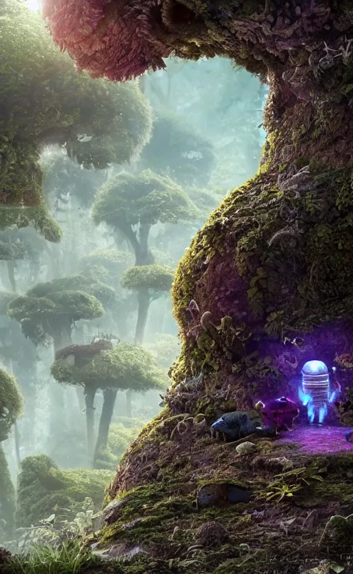 Image similar to microscopic tardigrade, microbiology, magical forest, ruins, civilization, mayan, futuristic, sharp focus, electric, backlight, furry, soft, concept art, intricate details, highly detailed, photorealistic, disney pixar, octane render, iridescent, global illumination, anime, 8 k