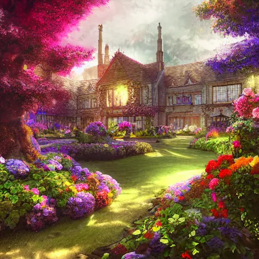 Image similar to beautiful fantasy english mansion flower garden, saturated, detailed lighting, high quality, sharp focus, intricate, digital painting, artstation, 4k