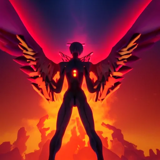 Image similar to evangelion angel invaders burning wings 4 k macabre background grim path traced high definition detailed artstation realistic trending dramatic lighting