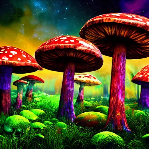 Image similar to psychedelic forest with large mushrooms and nebula sky, shamans, digital art, unreal engine