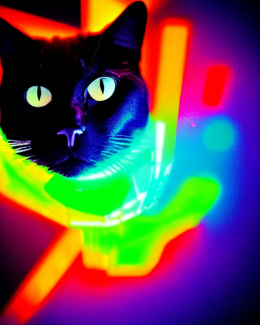 Image similar to glow, chromatic aberration, prismatic, black cat, cinematic, retro, vintage, cool, unique, interesting, original, vhs quality, adult swim