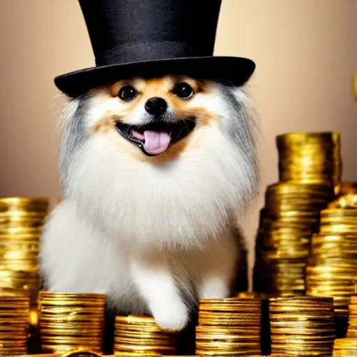 Image similar to A pomeranian wearing a top-hat, sitting on top of a large pile of gold coins