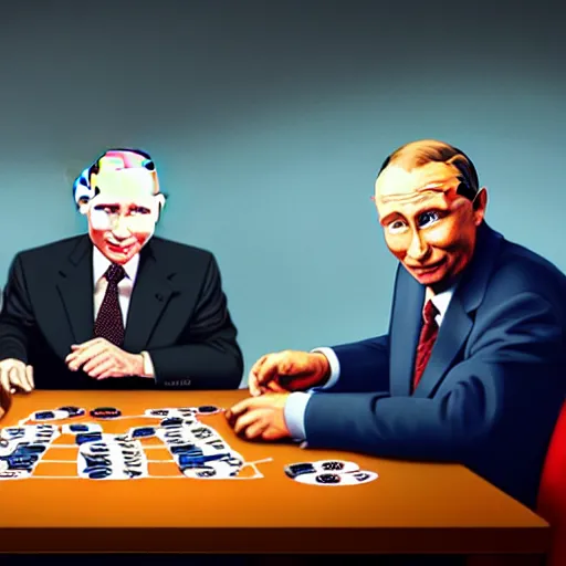 Image similar to UHD photorealistic Bill Gates playing poker with Klaus Schwab and Vladimir Putin, hyperrealistic, correct details, cosmic dynamic lighting, symmetrical faces, accurate faces, in the style of Mike Judge and Todd McFarlane