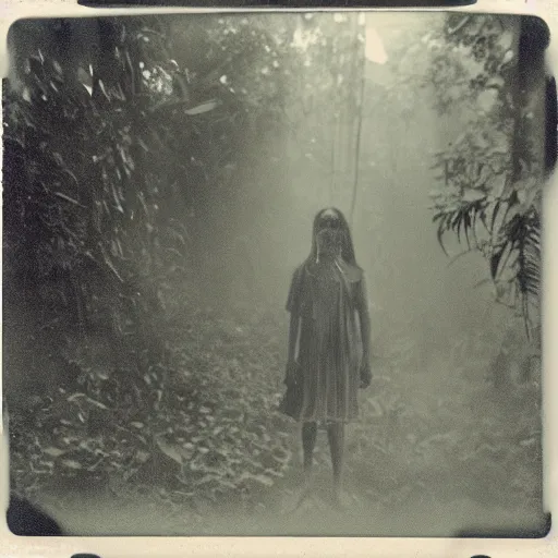 Image similar to an ancient evil-girl devouring the human souls on a mysterious Colombian jungle, mist, 1910 polaroid photography, grainy film, Black and white