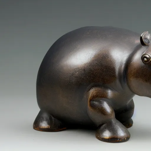 Image similar to small hippo statue, wood blocks bottom hippo body, blue chrome top hippo body, by a genius craftsman, highly detailed