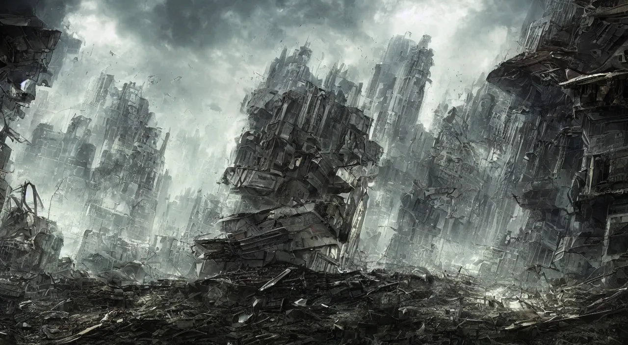 Image similar to damaged city, high - tech, concept art, forest, tornado, war, broken, high resolution, evil