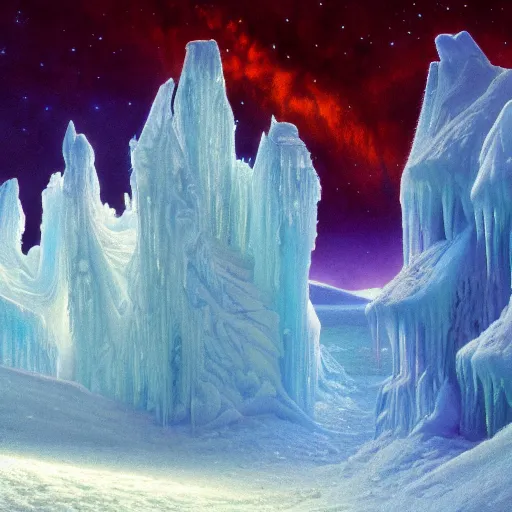 Prompt: hd wallpaper of ice castles in the north pole, trending on artstationhq, artwork by bob eggleton