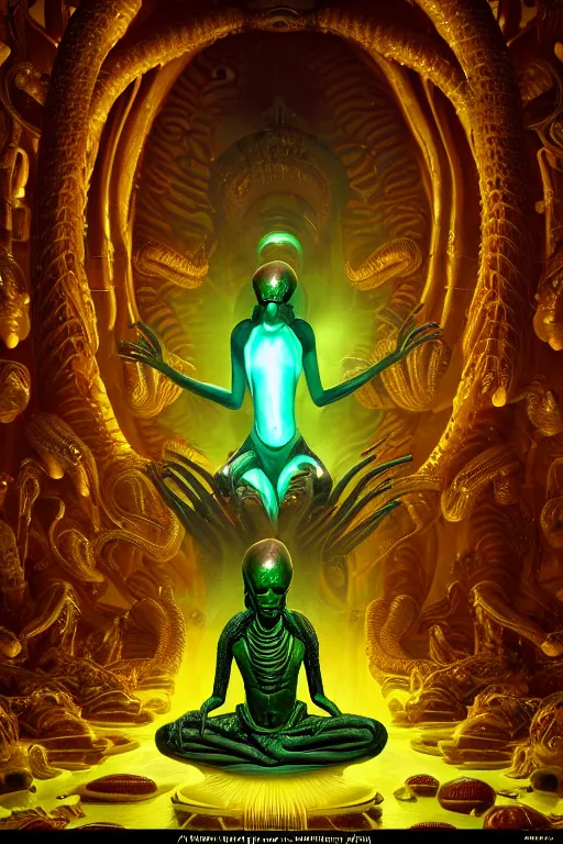 Image similar to glistening elegant queen empress xenomorph alien meditating lotus position surrounded by glowing slimy alien eggs, inside an alien temple shrine. in the style of aliens, by weta workshop, james cameron, h. r. giger, beautiful octane render, extremely intricate, epic composition, cinematic lighting, masterpiece, trending on artstation, cinematic dramatic atmosphere, matte painting