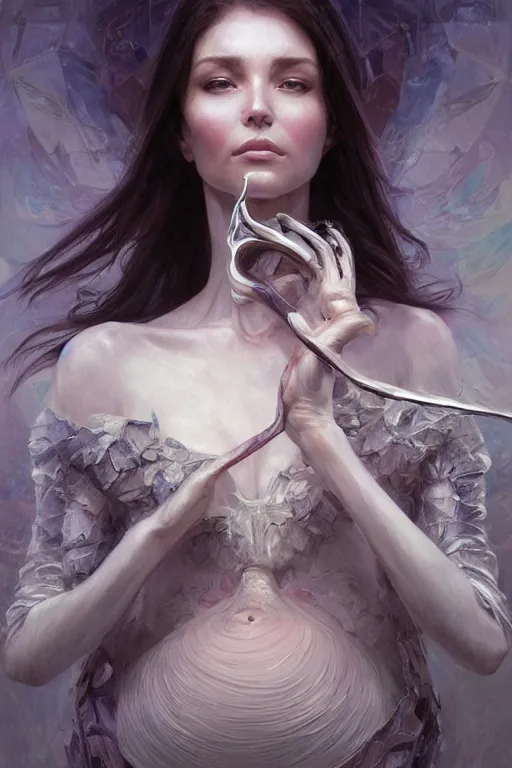 Image similar to ** professional portrait of pregnant peacefull cryogenic female dynamic pose , armor elements , long dark hair, beautiful bone structure, symmetrical facial features, intricate, elegant, digital painting, concept art, smooth, sharp focus, illustration, by Ruan Jia and Mandy Jurgens , and mucha, and Artgerm and William-Adolphe Bouguerea