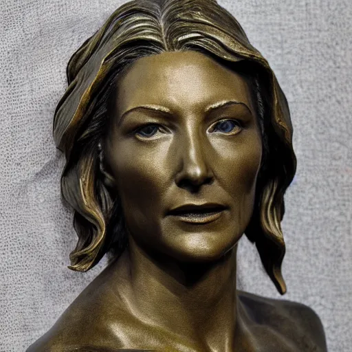 Prompt: bronze sculpture of cate blanchett , photorealism