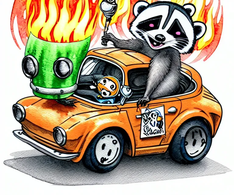 Image similar to cute and funny, racoon wearing a helmet with tiny flame stickers on it riding in a tiny hot rod coupe with oversized engine, ratfink style by ed roth, centered award winning watercolor pen illustration, isometric illustration by chihiro iwasaki, edited by range murata