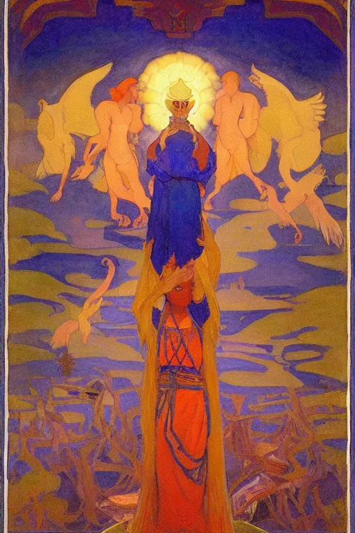 Prompt: spirit of high Summer, by Nicholas Roerich and Annie Swynnerton and Sidney Harold Meteyard, dramatic cinematic lighting , ornate headdress , flowing robes, sacred artifacts, lost civilizations, smooth, sharp focus, extremely detailed