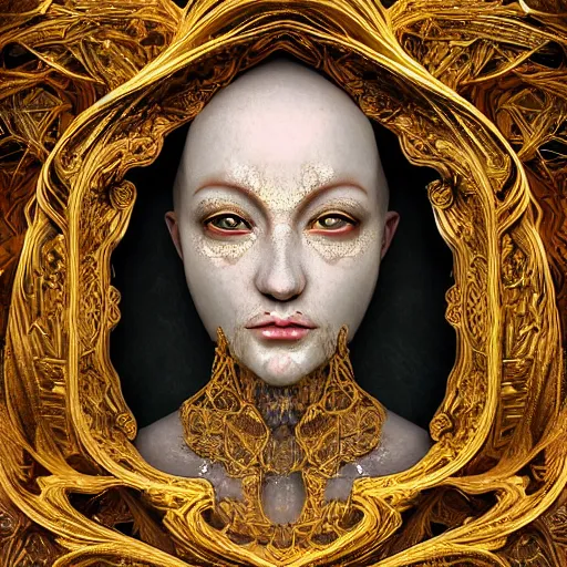 Prompt: human portrait, ethereal, face, crystal, intrincate, cgsociety, devianart, ornate, maximalist, fine art, golden details, carved, tarot card enviroment, rococo, baroco, fractal backgroud