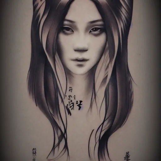 Image similar to tattoo design, stencil, beautiful young female, long dark hair, symmetrical facial features, Japanese, partially clothed in robe, by William-Adolphe Bouguerea and artgerm