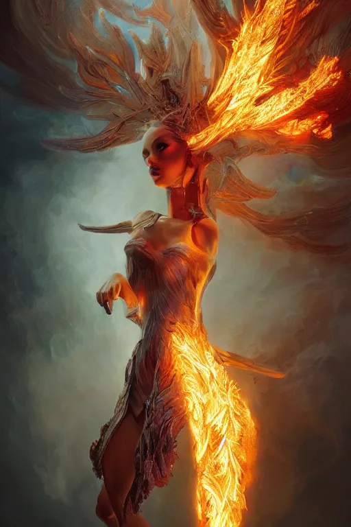 Image similar to torso closeup model wearing exploding fire crystal dress, fire exploding from head, sorcerer, diamonds, angel, fantasy, dramatic lighting, highly detailed, digital painting, holding electricity, magic the gathering, hyper detailed, 3 d render, hyper realistic detailed portrait, peter mohrbacher, wlop, ruan jia