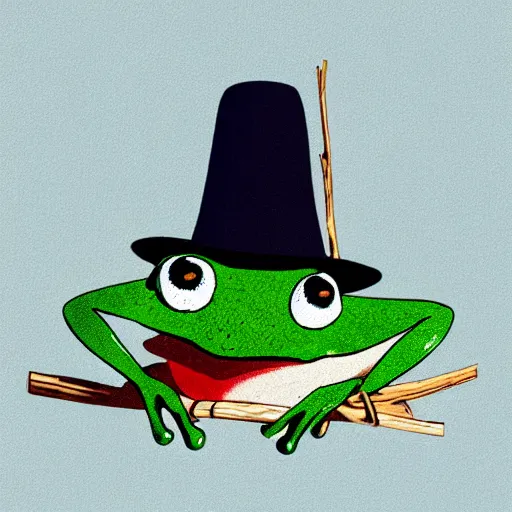 Image similar to frog in a hat, with stick