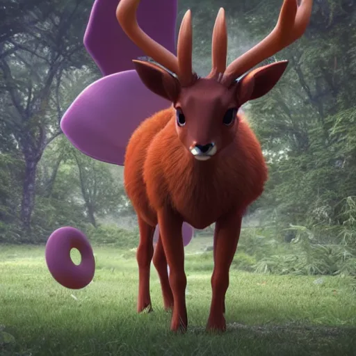 Prompt: a air type pokemon resembling a deer, deer air pokemon, skin reflexion zbrushcentral matcap :: by beeple by Raffaello Sanzi and Chao Teng Zhao :: centered,pixar and dreamwork artstation, smooth, sharp focus, octane render, 3d rim light