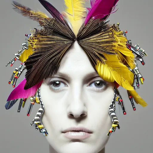 Prompt: a woman with a weird head piece on her head, a flemish baroque by alexander mcqueen, panfuturism, made of paperclips, made of insects, made of feathers, hybrid, bold natural colors, masterpiece, trending on artstation, photograph