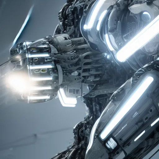 Image similar to white biomechanical mecha, symmetrical, rays of light. Style of westworld, cables, lights, searchlight, weta digital, octane render, insane details, ultra realistic, beatifully lit, reflections