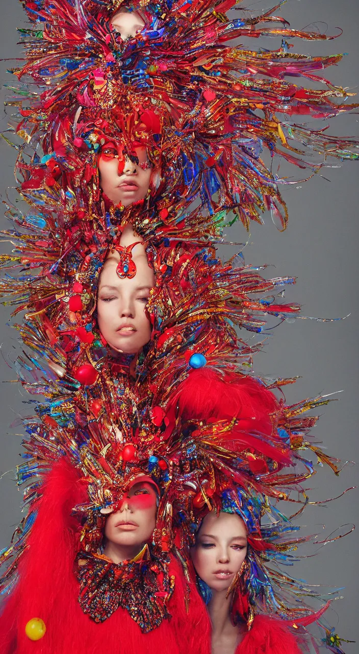 Image similar to a female full - body character design, concept art, wearing psychedelic high fashion, a red sequined bodysuit, beads hanging over her face like an alexander mcqueen headdress, costume by eiko ishioka, haute couture, and a red cape, by moebius, steven outram, colorful and psychedelic, hd, 8 k, artstation, high quality