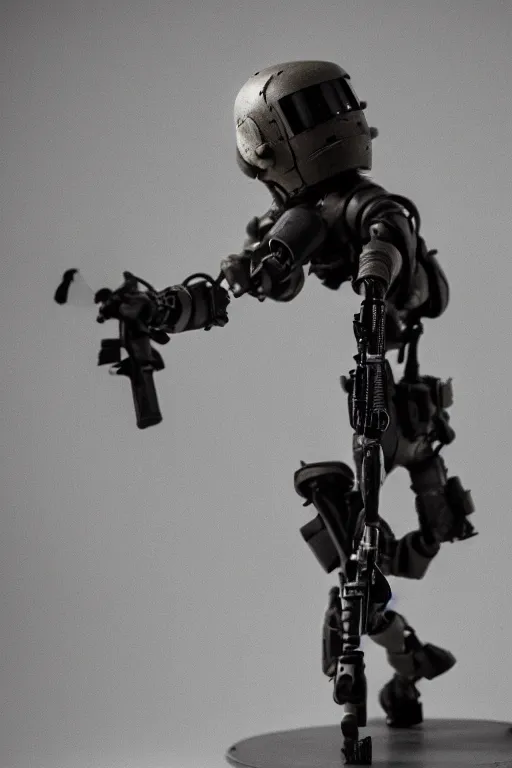 Prompt: a cinematic bust photo shot of a beautiful 1 : 6 scale threea toys action figurine by ashley wood, world war one robot, black background, museum light, dark mood