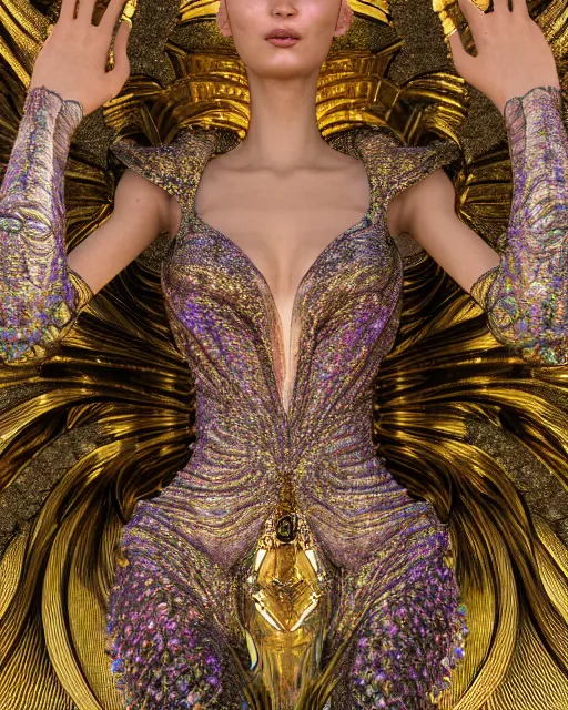 Image similar to a highly detailed metahuman 4 k close up render of an alien goddess bella hadid monument atlantis in iris van herpen dress schiaparelli in diamonds crystals swarovski and jewelry iridescent in style of alphonse mucha gustav klimt trending on artstation made in unreal engine 4