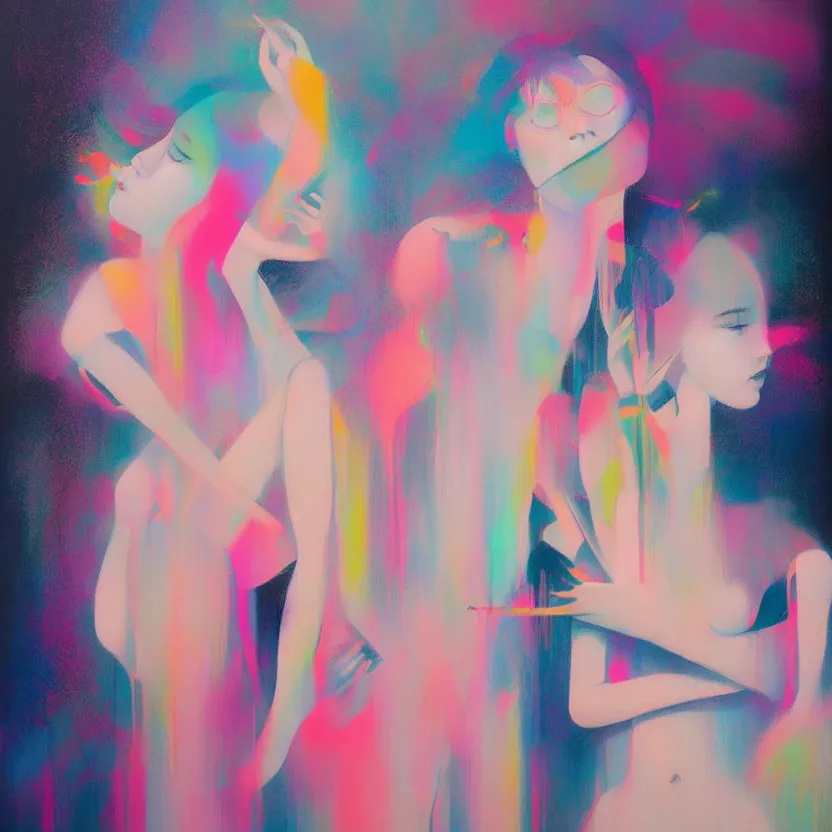 Image similar to pop fine art figurative painting with modern music culture influences by yoshitomo nara in an aesthetically pleasing natural and pastel color tones