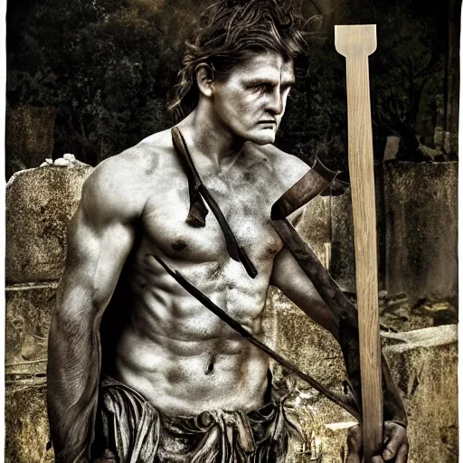 Image similar to portrait of Achilles holding a spear, standing in ruins, fallen columns, highly detailed face, tom chambers photography