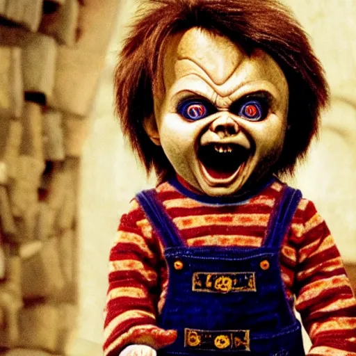 Image similar to screaming chucky doll in harry potter instead of emma watson