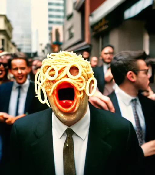 Image similar to man in a suit with spaghetti face screaming in a crowd in san - francisco, film photography, direct flash, kodak portra 4 0 0,