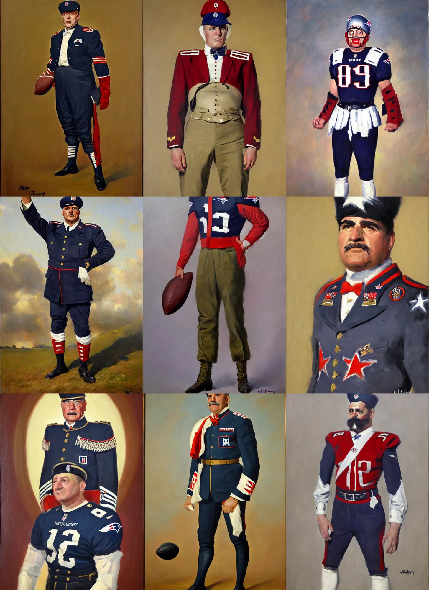 Prompt: full body portrait of the dictator of the new england patriots, 1 9 5 5, in full military garb, oil on canvas by william sidney mount, trending on artstation