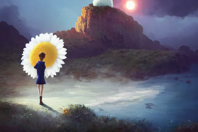 Prompt: giant white daisy flower as a face, girl walking on cliff, surreal photography, solar eclipse, stars, dramatic light, impressionist painting, clouds, digital painting, artstation, james gilleard, liam wong, jeremy mann, simon stalenhag