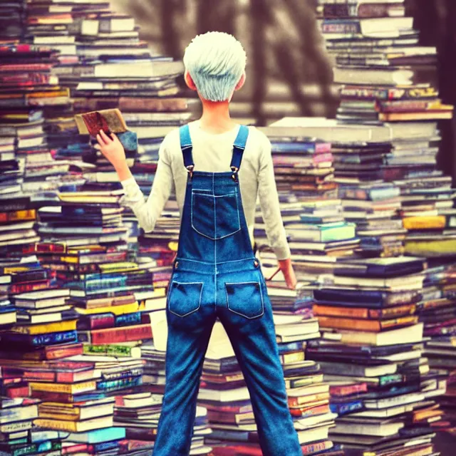 Image similar to full body pose, beautiful adult book fairy, pixar, short white hair shaved sides, dirty, grungy, grunge, long sleeve, painted overalls, stacks of giant books, highly detailed, 4 k, hdr, smooth, sharp focus, high resolution, award - winning photo, artgerm, photorealistic