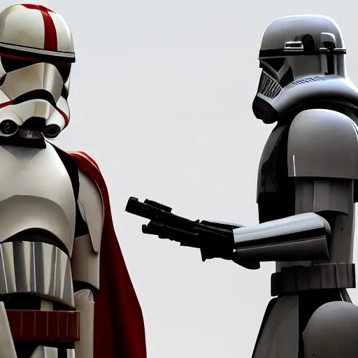 Prompt: clone trooper with his helmet off talking to Obi-Wan Kenobi