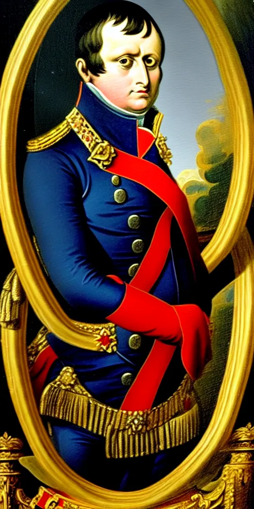 Prompt: portrait painting of napoleon, also napoleon bonaparte, and later known by his regnal name napoleon i, was a french military and political leader who rose to prominence during the french revolution and led several successful campaigns during the revolutionary wars.