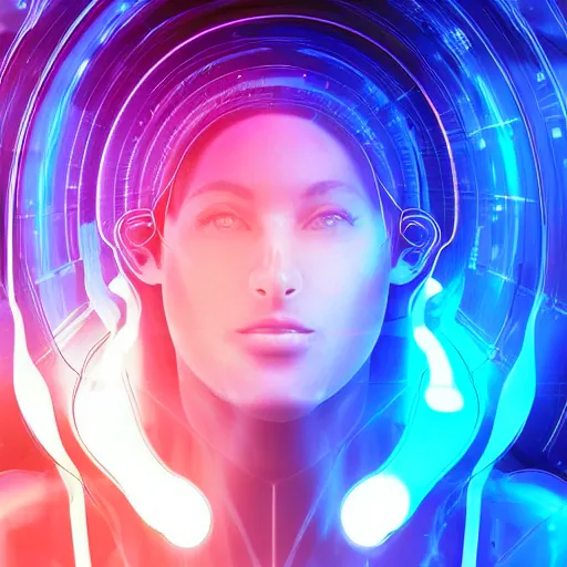 Image similar to AI representation of singularity, neon lights, blue, bionic human, futuristic, sci-fi