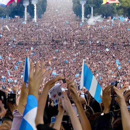 Image similar to Lady Gaga as president, Argentina presidential rally, Argentine flags behind, bokeh, giving a speech, detailed face, Argentina