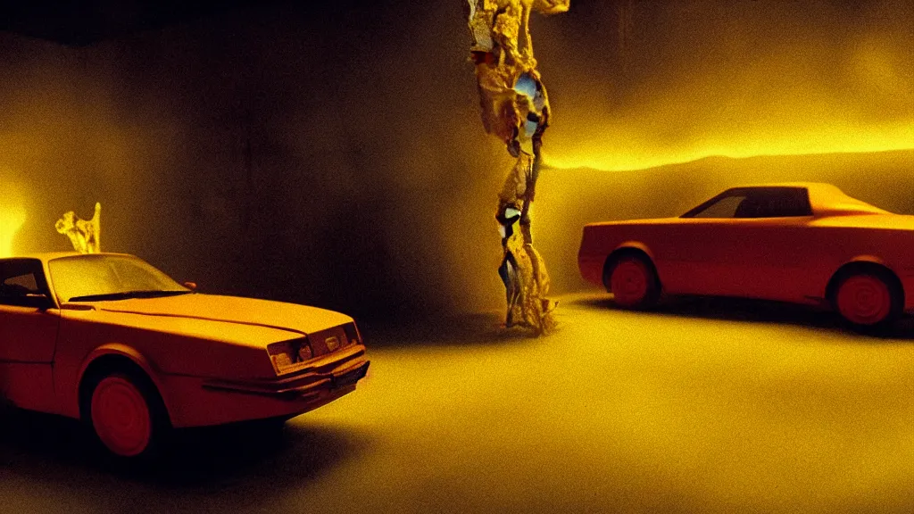 Image similar to the car made of glowing wax, film still from the movie directed by Denis Villeneuve and David Cronenberg with art direction by Zdzisław Beksiński, wide lens