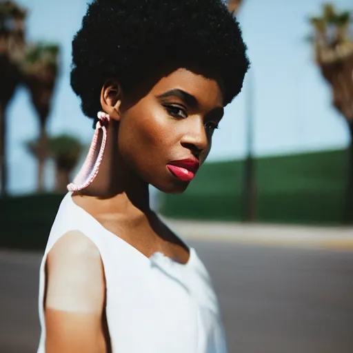 Prompt: portrait photograph of an elegant black woman wearing a sundress in Santa Monica. super resolution. 85 mm f1.8 lens.bokeh.graflex. Alessio albi