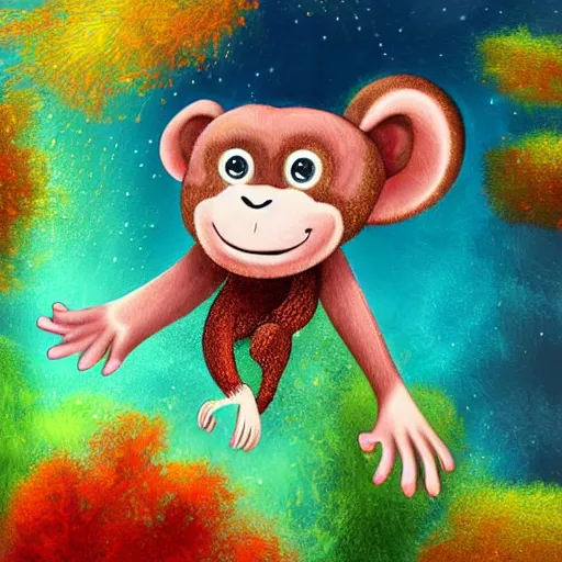 Image similar to excited young monkey underwater, sparkly, colorful, digital painting